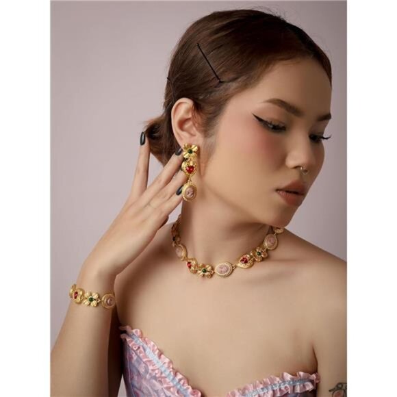 Colorful Byzantine-Inspired Dangle Earrings | Cameo Heart Flower Statement Drops - Picture 3 of 8